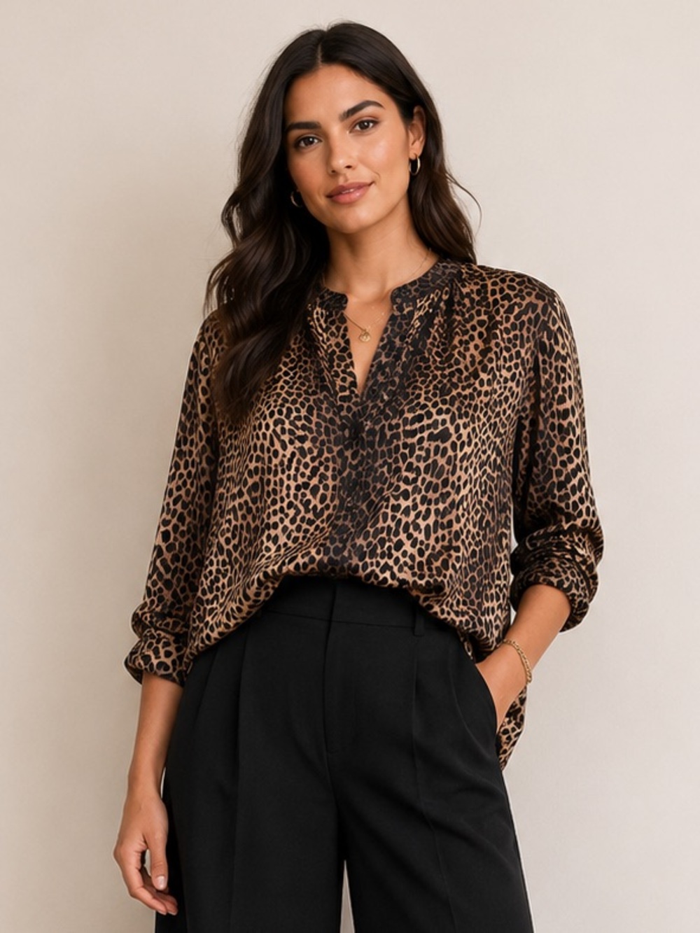 H&M Cheetah Print Sheer Tunic Style Button up Top Long Sleeves Brown and Black